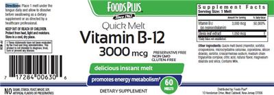Photo of the Foods Plus Quick Melt Vitamin B-12 3000 mg label