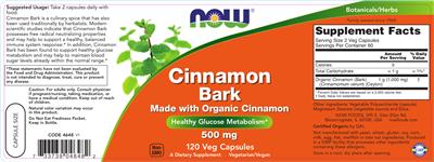 Photo of the NOW Cinnamon Bark 500 mg label