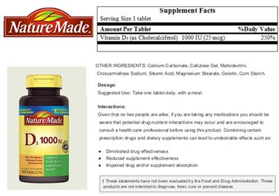 Photo of the Nature Made D3 1000 IU label