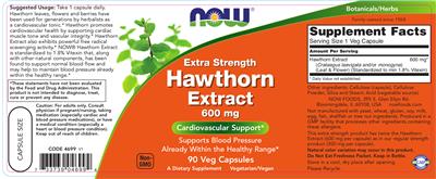 Photo of the NOW Extra Strength Hawthorn Extract 600 mg label