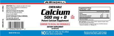 Photo of the Windmill Chewable Calcium 500 mg + D label