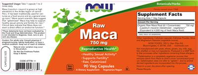 Photo of the NOW Raw Maca 750 mg label