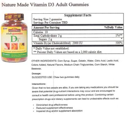 Photo of the Nature Made Vitamin D3 Adult Gummies label