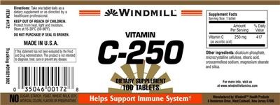 Photo of the Windmill Vitamin C-250 label
