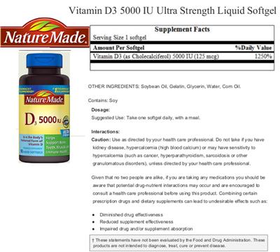 Photo of the Nature Made D3 5000 IU label