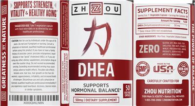 Photo of the ZHOU DHEA 50 mg label