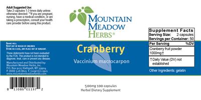 Photo of the Mountain Meadow Herbs Cranberry 500 mg label