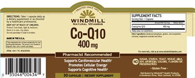 Photo of the Windmill Co-Q10 400 mg label