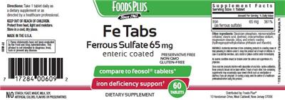 Photo of the Foods Plus Fe Tabs Ferrous Sulfate 65 mg label