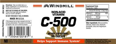 Photo of the Windmill Non-Acid Vitamin C-500 label