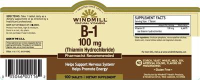 Photo of the Windmill Natural Vitamins B-1 100 mg (Thiamin Hydrochloride) label