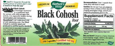 Photo of the Nature's Way Black Cohosh Root 540 mg label