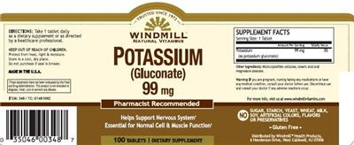 Photo of the Windmill Natural Vitamins Potassium (Gluconate) 99 mg label
