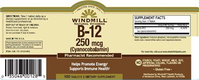 Photo of the Windmill Natural Vitamins B-12 250 mcg label