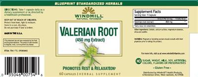 Photo of the Windmill Natural Vitamins Valerian Root (450 mg Extract) label