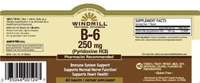 Photo of the Windmill Natural Vitamins B-6 250 mg label