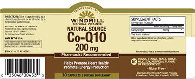 Photo of the Windmill Natural Vitamins Natural Source Co-Q10 200 mg label