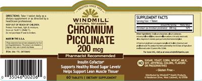 Photo of the Windmill Natural Vitamins Chromium Picolinate 200 mcg label