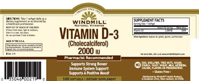 Photo of the Windmill Natural Vitamins Vitamin D-3 (Cholecalciferol) 2000 IU label