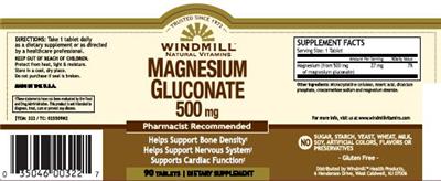 Photo of the Windmill Natural Vitamins Magnesium Gluconate 500 mg label