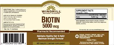 Photo of the Windmill Natural Vitamins Biotin 5000 mcg label