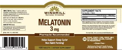 Photo of the Windmill Natural Vitamins Melatonin 3 mg label