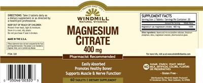 Photo of the Windmill Natural Vitamins Magnesium Citrate 400 mg label