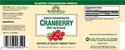 Photo of the Windmill Natural Vitamins Super Concentrated Cranberry (500 mg Extract) label