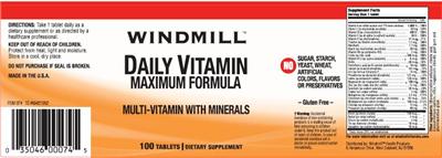 Photo of the Windmill Daily Vitamin Maximum Formula label