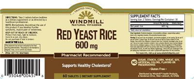 Photo of the Windmill Natural Vitamins Red Yeast Rice 600 mg label