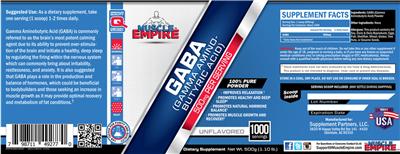 Photo of the Muscle Empire GABA (Gamma Amino-Butyric Acid) 500 mg Unflavored label