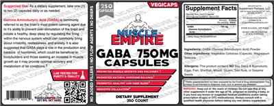 Photo of the Muscle Empire GABA 750 mg Capsules label