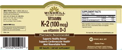 Photo of the Windmill Natural Vitamins Vitamin K-12 (100 mcg) with Vitamin D3 label