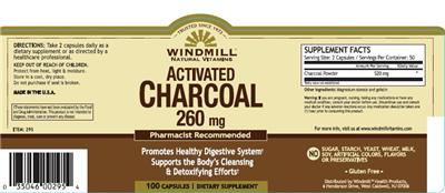 Photo of the Windmill Activated Charcoal 260 mg label