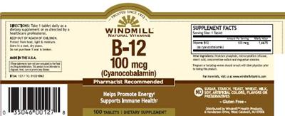 Photo of the Windmill Natural Vitamins B-12 100 mcg (Cyanocobalamin) label