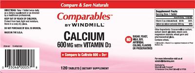 Photo of the Comparables By Windmill Calcium 600 mg With Vitamin D3 label