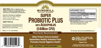 Photo of the Windmill Natural Vitamins Super Probiotic Plus With Acidophilus (5 Billion CFU) label