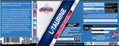 Photo of the Muscle Empire L-Taurine 800 mg Unflavored label