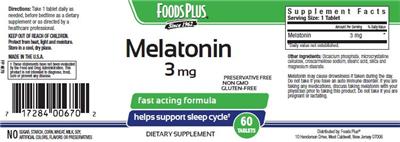 Photo of the Foods Plus Melatonin 3 mg label