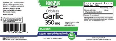 Photo of the Foods Plus Odorless Garlic 350 mg label