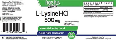 Photo of the Foods Plus L-Lysine HCl 500 mg label