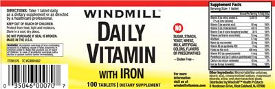 Photo of the Windmill Daily Vitamin with Iron label
