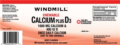 Photo of the Windmill Chewable Calcium Plus D3 Berry Flavored label