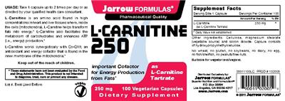 Photo of the Jarrow Formulas L-Carnitine 250 mg label