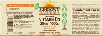 Photo of the Sundown Naturals Chewable Vitamin D3 25 mcg / 1000 IU Strawberry-Banana Flavored label