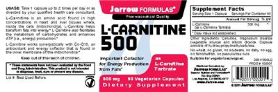 Photo of the Jarrow Formulas L-Carnitine 500 mg label