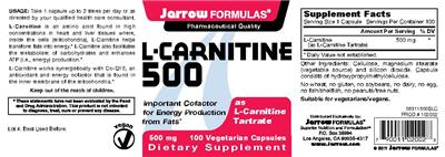 Photo of the Jarrow Formulas L-Carnitine 500 mg label