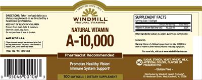 Photo of the Windmill Natural Vitamins Natural Vitamin A-10,000 label