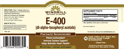 Photo of the Windmill Natural Vitamins E-400 label