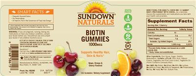Photo of the Sundown Naturals Biotin Gummies 1000 mcg label